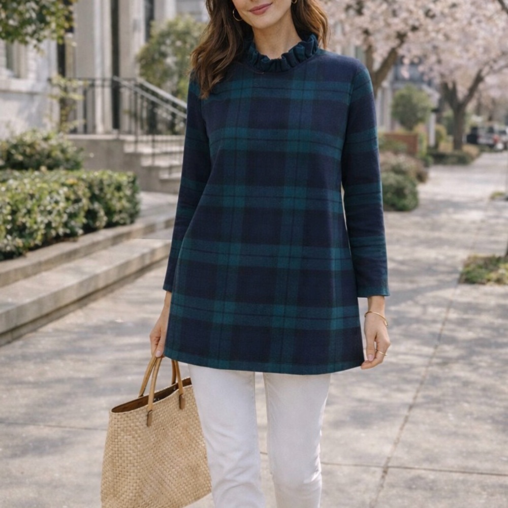 Tuckernuck Navy‎ & Green Plaid Ruffle-Neck Tunic – Size L – Luxury Transitional